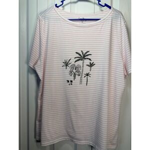 Coral Bay Woman 1X Pink‎ White Striped Palm Tree Tee T-Shirt Short Sleeve Casual